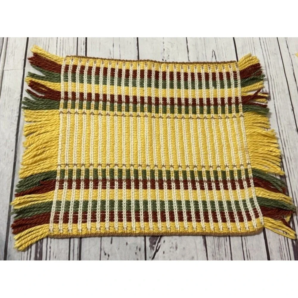 Set Of 8 Hand Made Placemats MCM Yellow Green Burgundy Knit